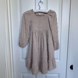 Girls Smocked Swiss Dot Dress Beige Taupe Long Sleeve Size 10 Pockets
